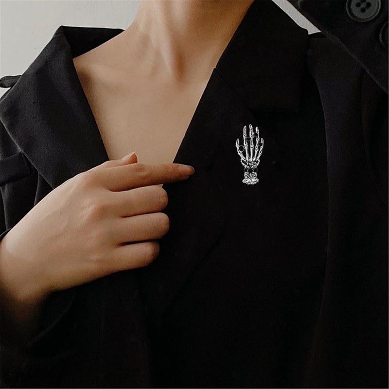 WCRAZYE 2PCS Vintage Skeleton Hand Long Chain Lapel Pin for Women Men Gothic Punk Brooch Retro Crystal Skeleton Skull Collar Pin Halloween Gifts - Image 3